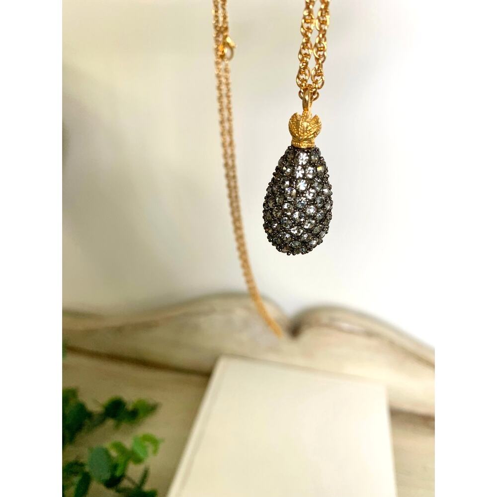 Joan Rivers Necklace Crystal Teardrop Pendant Egg Crown Glam Gold Tone Jewelry